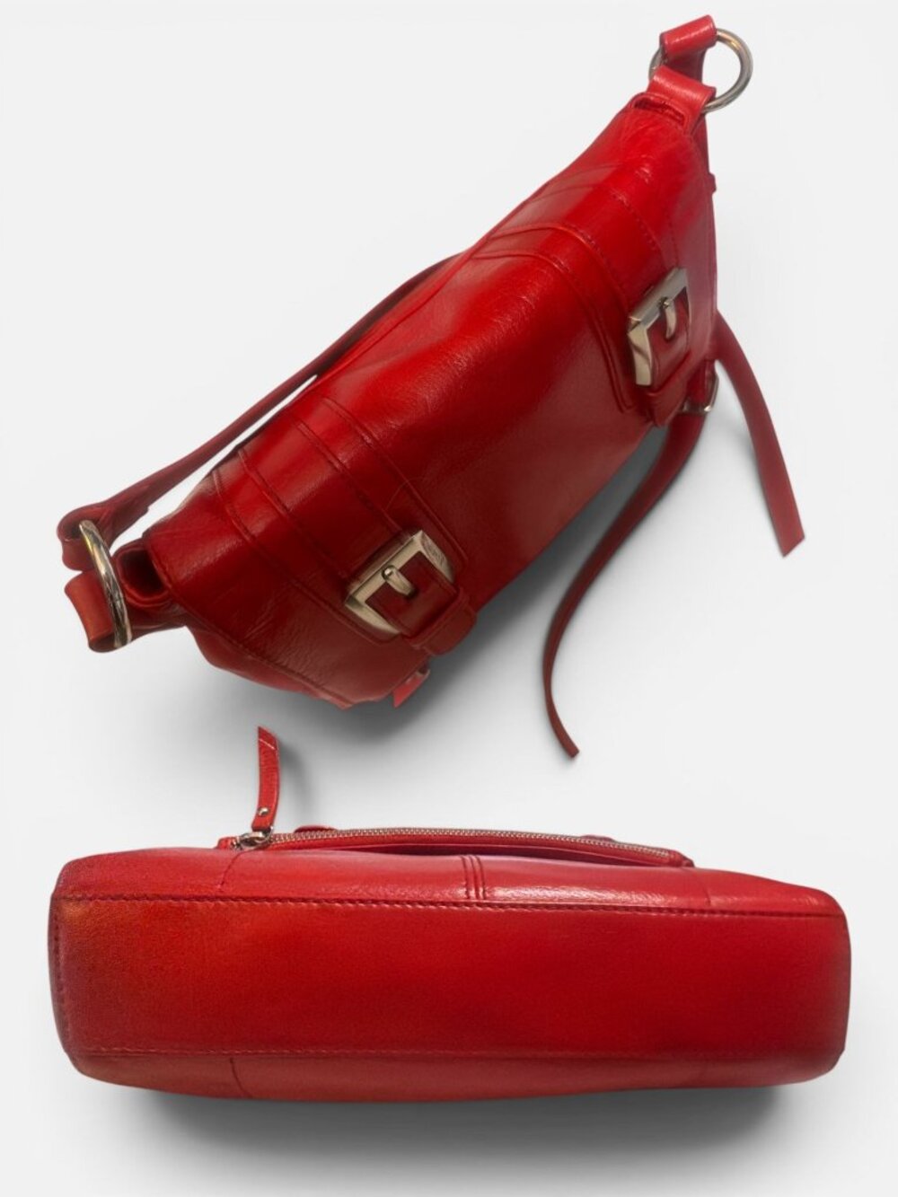 B Makowsky Fold Over Cherry Red Pebbled Leather Crossbody Bag Adjustable Strap - Picture 6 of 11